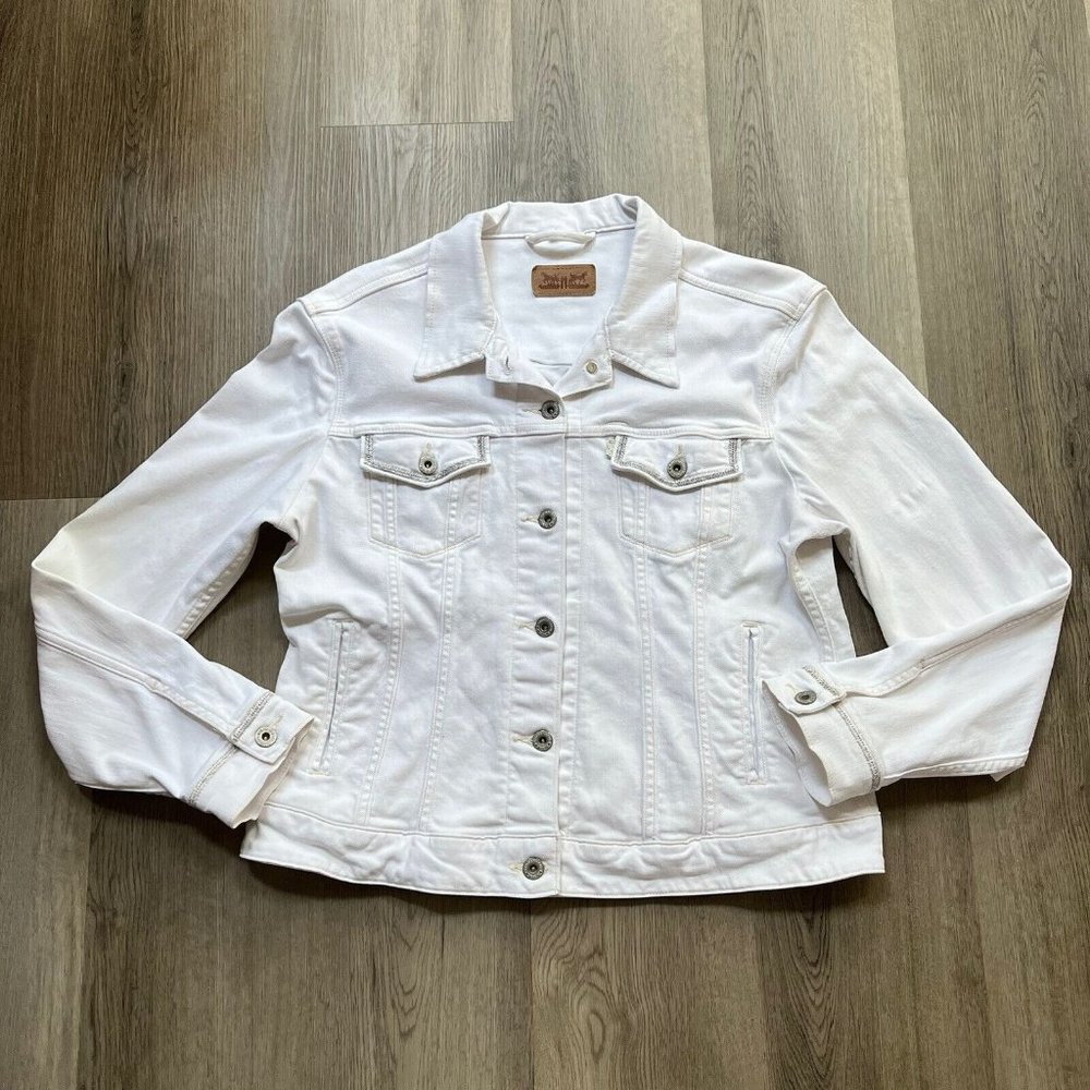 Levi's Stretch White Denim Jean Jacket Silver Stitch Trim Women's L